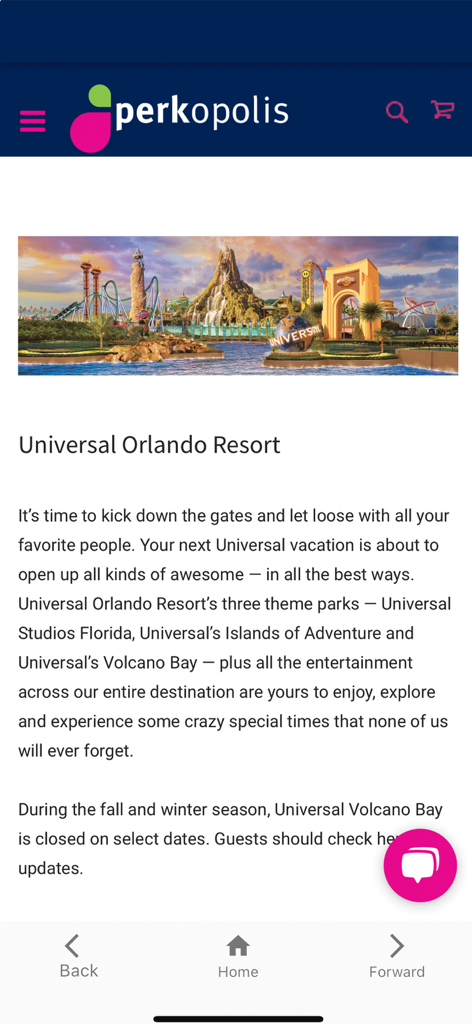 Perkopolis Mobile - Page de l'application Perkopolis présentant des offres de voyage exclusives pour Universal Orlando Resort