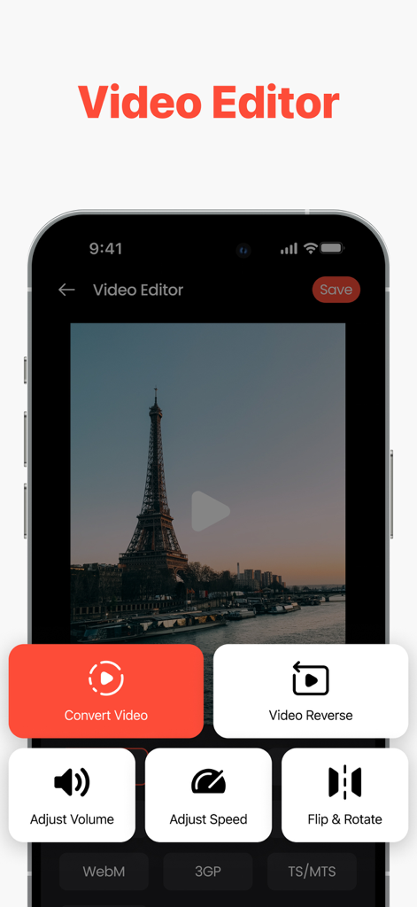 Private Video Saver - Interfaz de la aplicación Private Video Saver mostrando herramientas de edición de video como convertir, invertir y ajustar la velocidad.