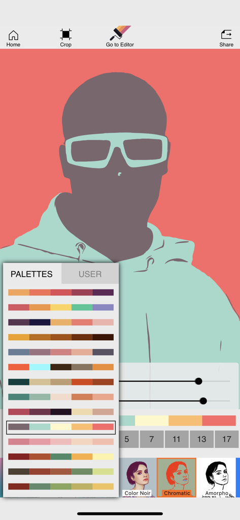 Imaengine app interface showing a variety of color palettes to apply to a vectorized photo.