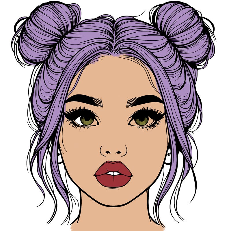 realistic girl with two buns on her hair and lips