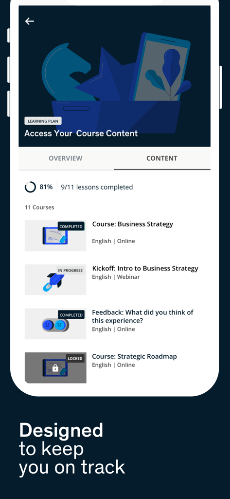 McKinsey Accelerate app interface showing business strategy course content and learning progress