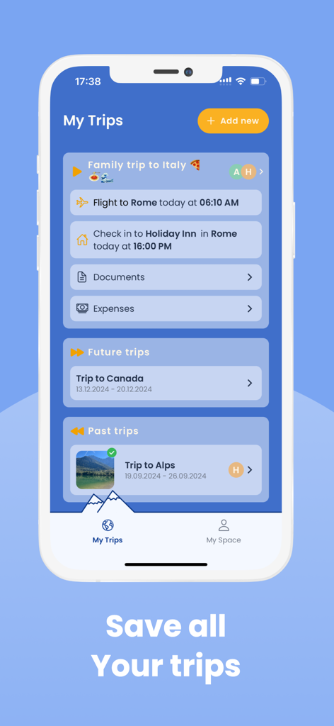 Trippy - Travel Manager - Trippy app dashboard displaying a list of current, future, and past trips with itinerary details like flights and hotels.