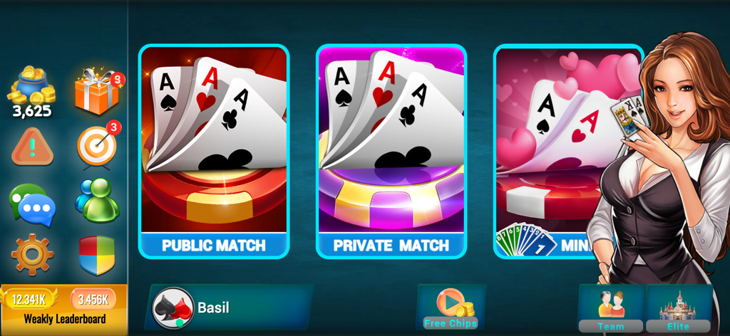 Callbreak Multiplayer Crd Game - Main menu of the Callbreak Multiplayer card game featuring public and private match options.