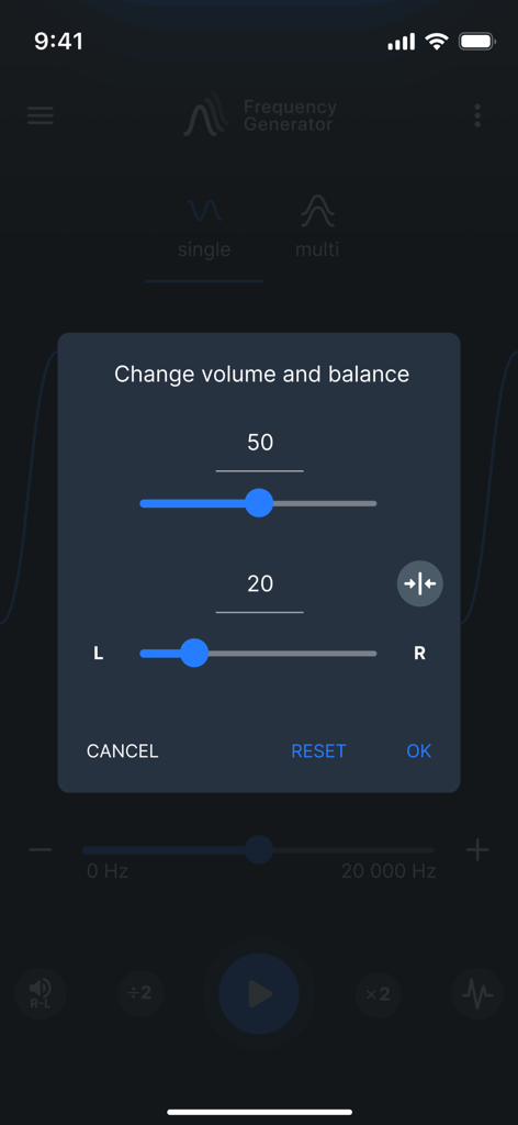 Volume and balance adjustment menu in the Frequency Generator app