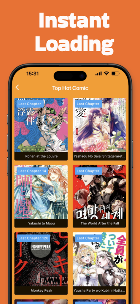 MangaToon - From MangaDex - MangaToon app screenshot showing top hot comics like Rohan at the Louvre and The World After the Fall with a headline for instant loading