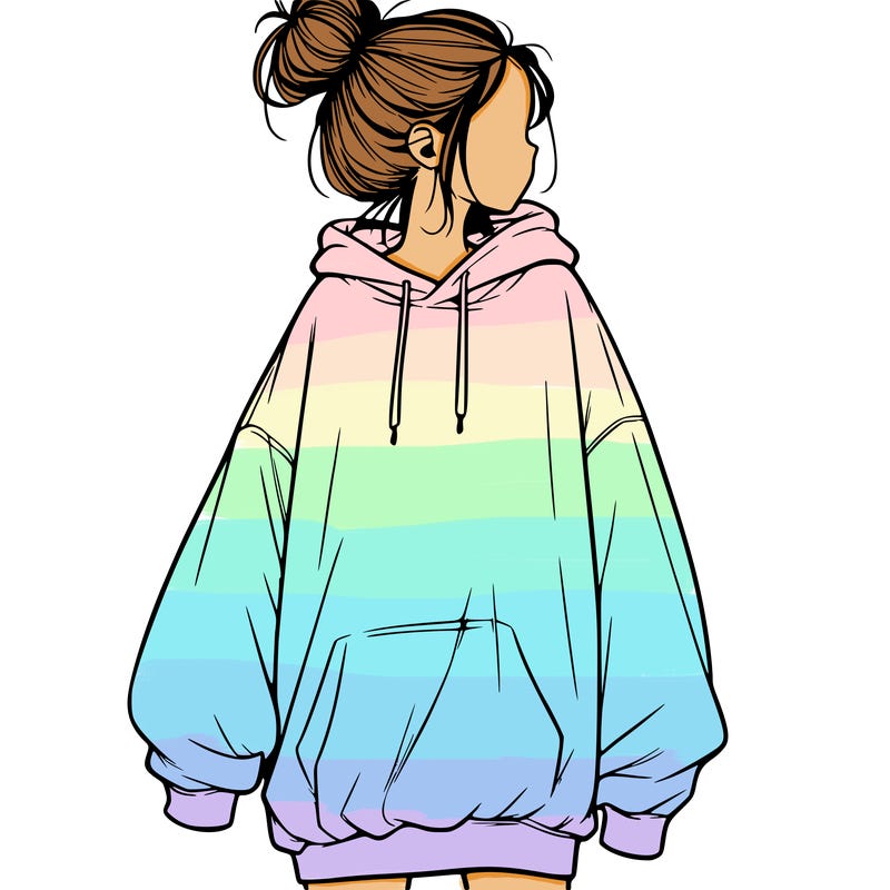 realistic girl with a oversized sweatshirt on and a bun