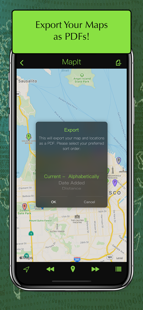 MapIt - Map Multiple Locations - A mobile phone screen showing the MapIt app feature to export a map with multiple locations as a PDF document.