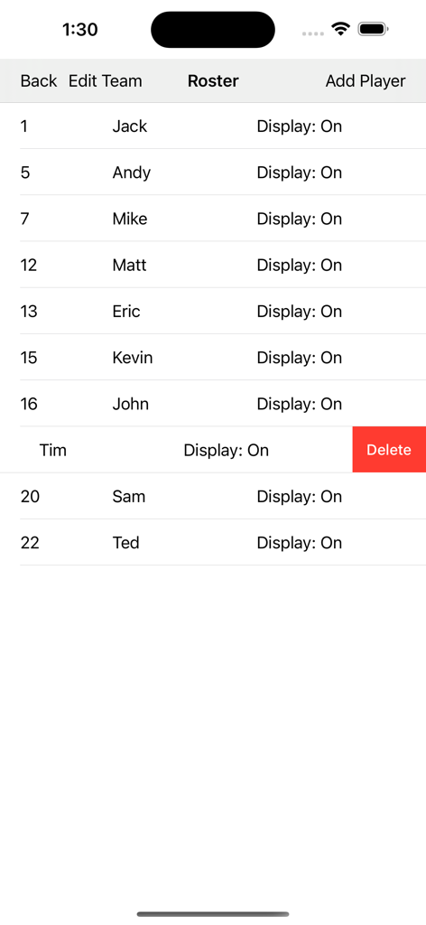 Roster management screen in the Soccer Statistic app displaying a list of players and jersey numbers.