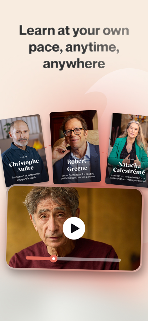 MentorShow - MentorShow app interface displaying masterclasses from experts like Gabor Mate and Robert Greene