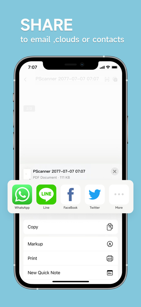 pScanner:PDF Document Scanner - Interface of pScanner app showing various options to share scanned documents via email, cloud, or social media.