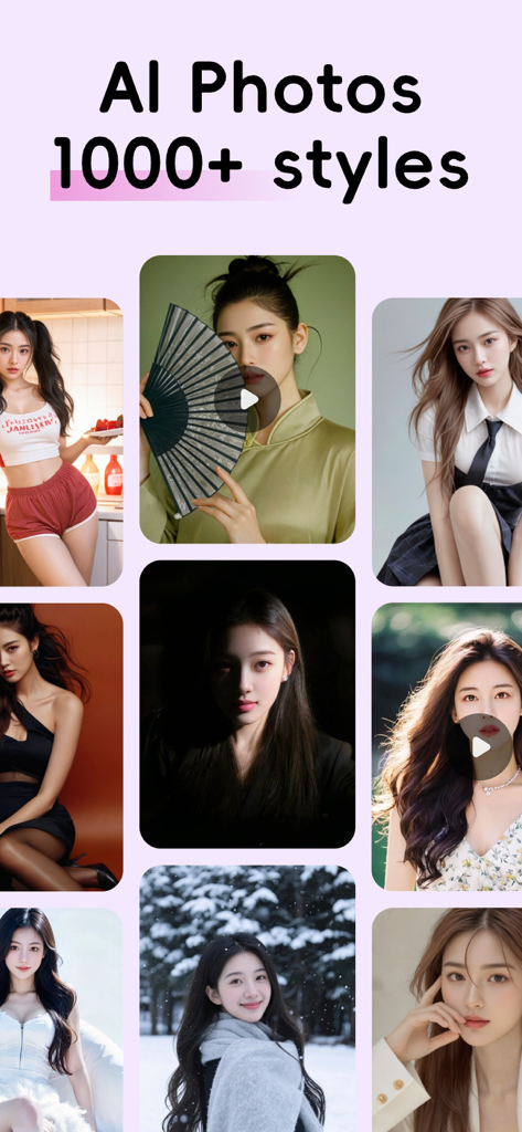 闪秀 - 高颜值写真照片、 一键换装秒出大片 - A collage showing a variety of AI-generated portrait styles for young women featuring over 1000 options in the ShanXiu app