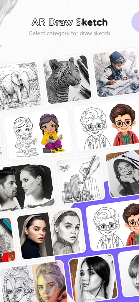 AR Drawing - Learn to Draw Art - Interfaz de la aplicación AR Drawing mostrando varias categorías de bocetos, incluyendo animales y retratos