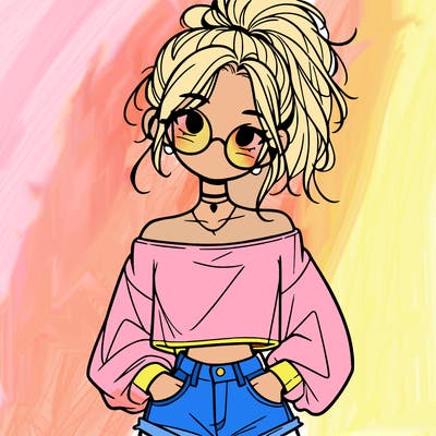 girl with a messy ponytail glasses a baggy crop top and jean shorts