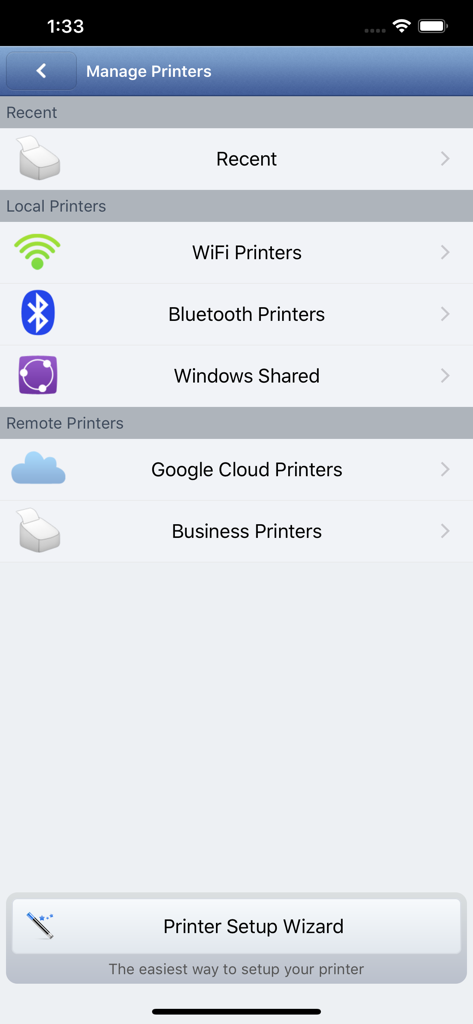 PrintHand Mobile Print Premium - Oberfläche zur Verwaltung lokaler und entfernter Drucker, einschließlich Wi-Fi- und Bluetooth-Optionen