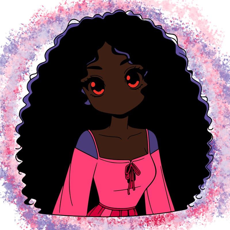 a black anime girl with long afro hair