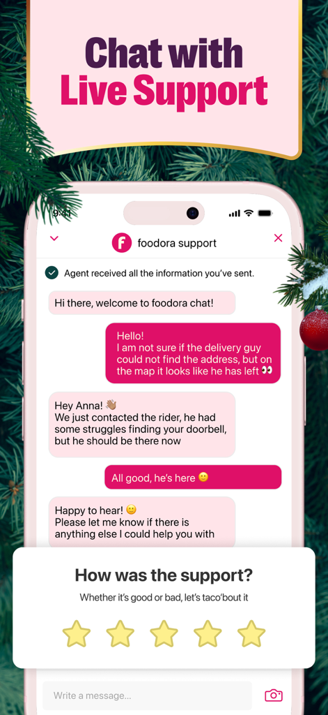 Ein Screenshot der Foodora App, der eine Live-Chat-Konversation mit dem Kundensupport und eine Fünf-Sterne-Bewertung für den Service zeigt.