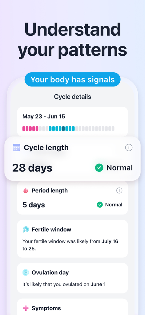 Pregmate Ovulation Tracker - Screenshot of the Pregmate Ovulation Tracker app showing cycle details including cycle length period length and fertile window predictions