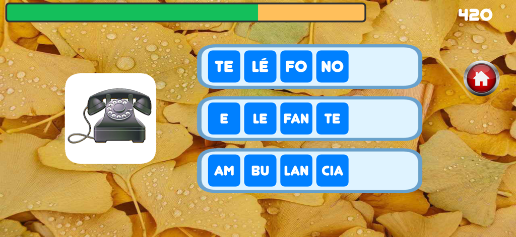 Sílabas y palabras Pro - Interfaz de la aplicación de aprendizaje de español que muestra una imagen de un teléfono y opciones de palabras en sílabas.