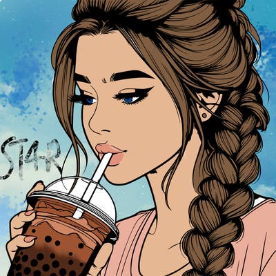 realistic girl drinking boba tea with braided hair