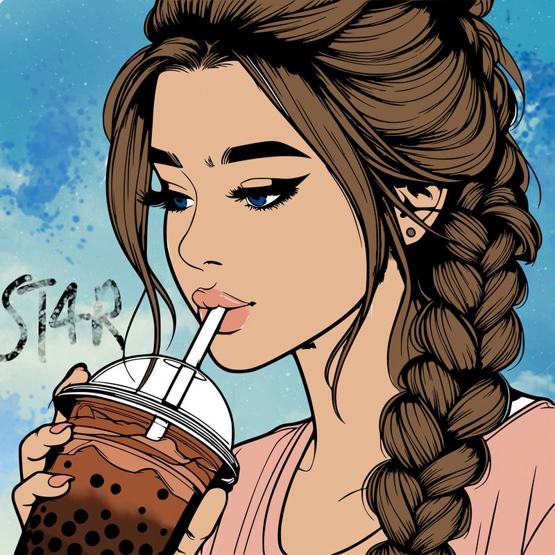 realistic girl drinking boba tea with braided hair