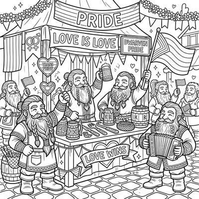 Celebrate love and diversity with this enchanting coloring page featuring jovial dwarf merchants at a vibrant Pride festival. Adorned with banners and flags, this scene is perfect for bringing your brightest colors to life.