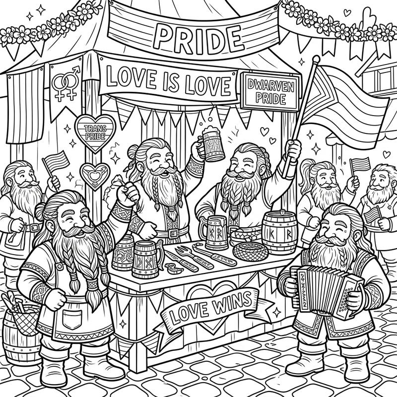 Celebrate love and diversity with this enchanting coloring page featuring jovial dwarf merchants at a vibrant Pride festival. Adorned with banners and flags, this scene is perfect for bringing your brightest colors to life.