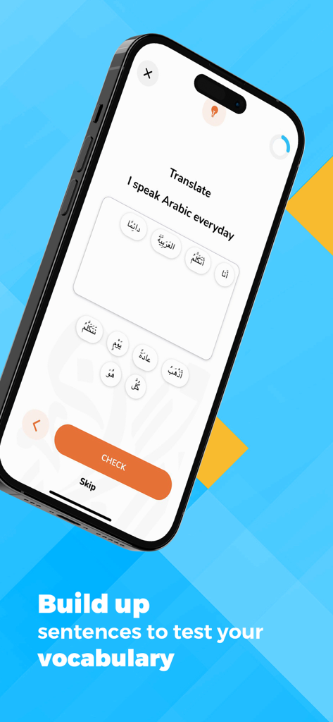 Kaleela・Learn Arabic Language - Interfaz de la aplicación Kaleela mostrando un ejercicio de construcción de oraciones en árabe para practicar vocabulario.