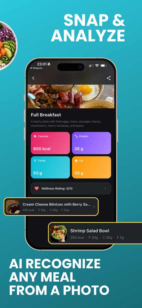 Calorie Tracker - AI Food Log - Interface of the Calorie Tracker app displaying AI recognition of a breakfast plate with nutritional data like calories and macros.
