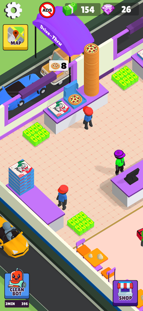 Idle Pizza Tycoon Shop Game - Top-down isometric view of a pizza shop drive-thru showing car service and stacks of cash
