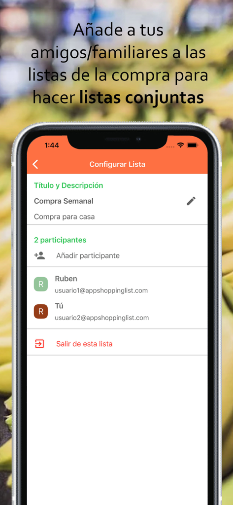 Listic - Shopping List Shared - Smartphone screen showing shared shopping list settings with two participants and an option to add more friends or family members.