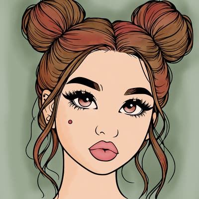 realistic girl with two buns on her hair and lips