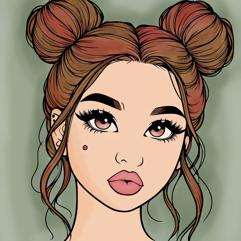 realistic girl with two buns on her hair and lips