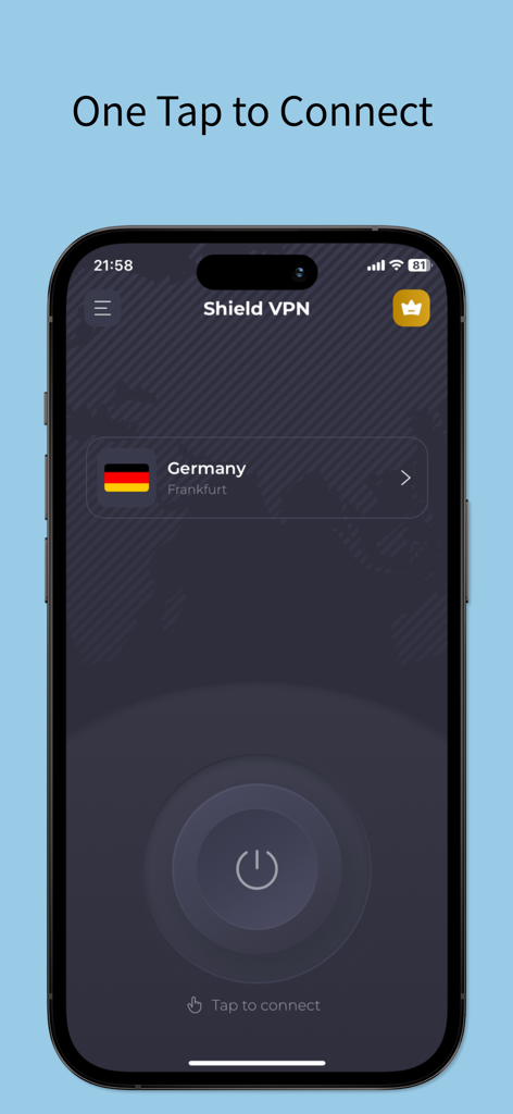 Shield VPN - Super Secure VPN - Shield VPN mobile app interface showing one tap connection feature on iPhone