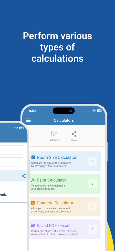 Construction Manager App - Construction Manager app screen showing various calculators for room size paint and concrete