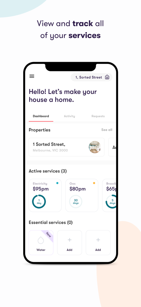 Dashboard der Sorted App zur Verfolgung von Mietdiensten und monatlichen Nebenkostenabrechnungen
