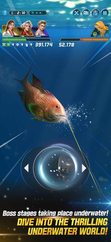 3D gameplay of an underwater boss stage in Ace Fishing Crew featuring a large fish and character crew profiles