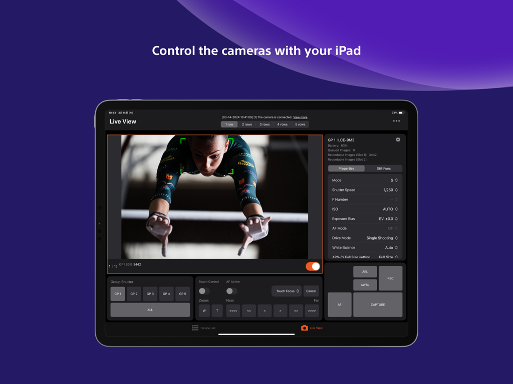 Sony | Remote Camera Tool - Sony Remote Camera Tool live view and settings interface on an iPad