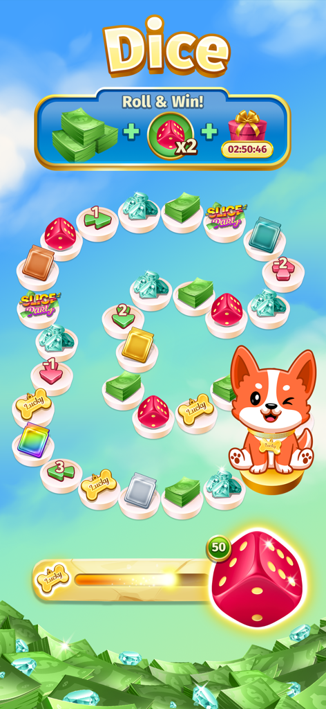 Bingo Bling™  Win Real Cash - Captura de pantalla de la aplicación Bingo Bling que muestra el minijuego de dados con recompensas en efectivo y una linda mascota perro