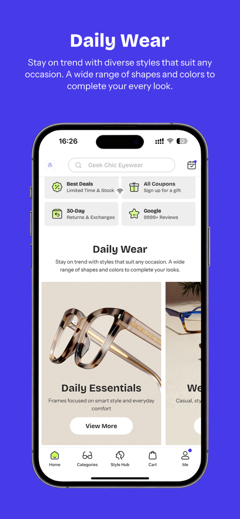Zeelool-App-Startbildschirm zeigt trendige Alltagsbrillen und modische Brillengestelle.
