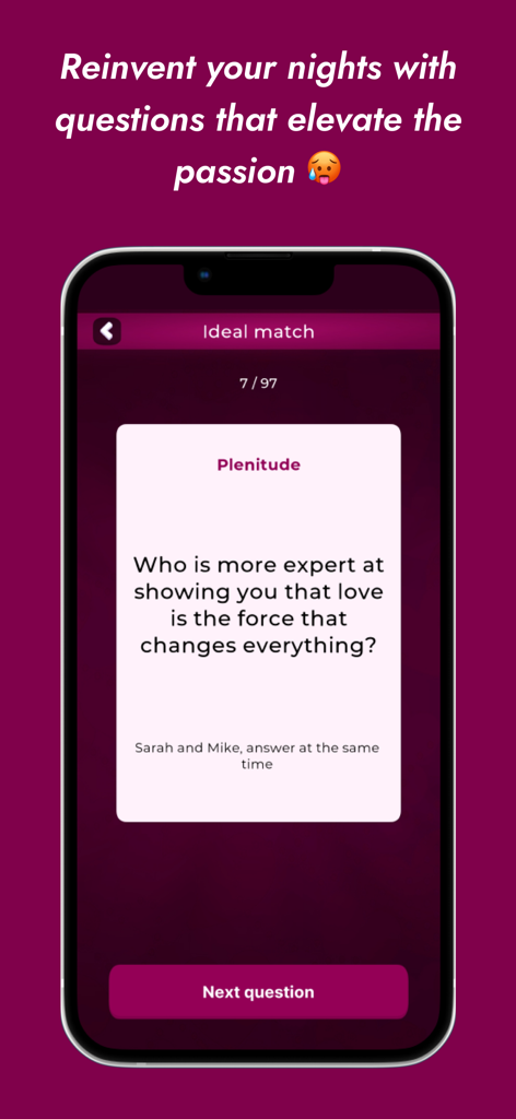 Game of Love (love & couples) - Um smartphone exibindo o modo 'Ideal Match' no aplicativo Jogo do Amor com uma pergunta romântica para casais.