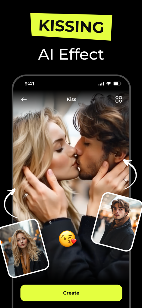 AI Hug & Kiss Video Creator - App interface demonstrating the AI kissing effect created by combining two individual photos.