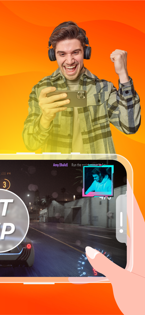 Screen Recorder for iPhone HD - Mann spielt mobiles Rennspiel mit Face Cam-Bildschirmaufnahme-Overlay