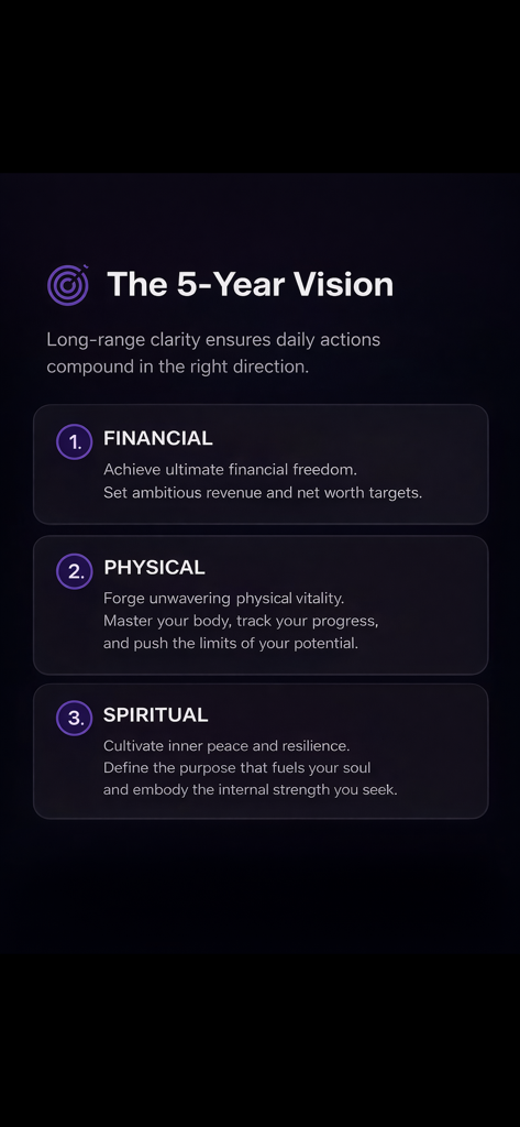 Maximus Potentia - Maximus Potentia app screenshot displaying the 5-Year Vision framework with Financial Physical and Spiritual pillars.
