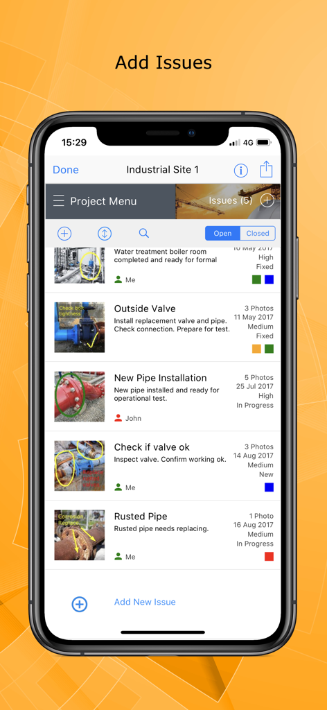 Interface of the Site Report Pro app showing a list of construction site issues with annotated photos.