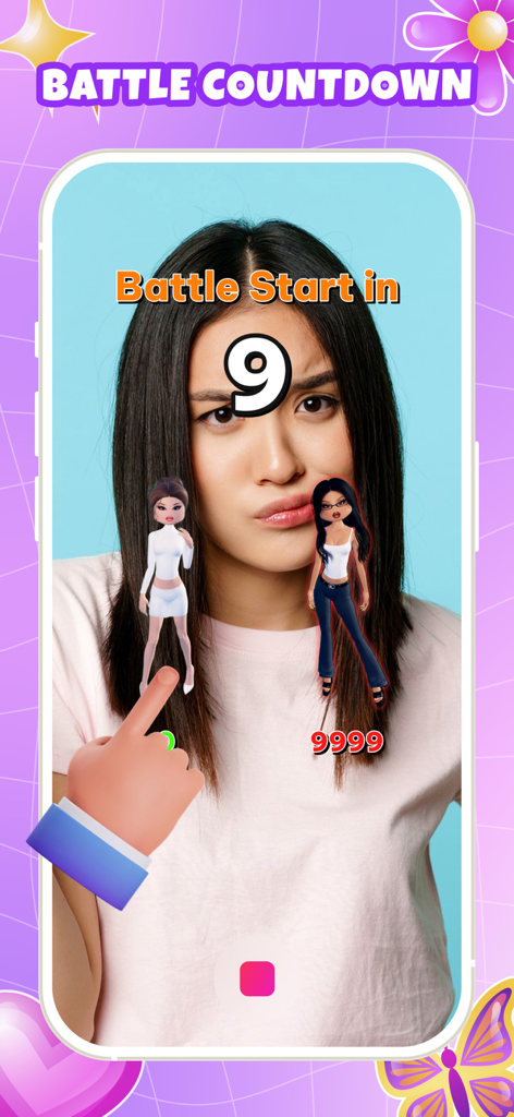 Dress Challenge: Fun Up Filter - A fashion battle countdown screen showing a nine second timer and two virtual doll characters over a live photo filter