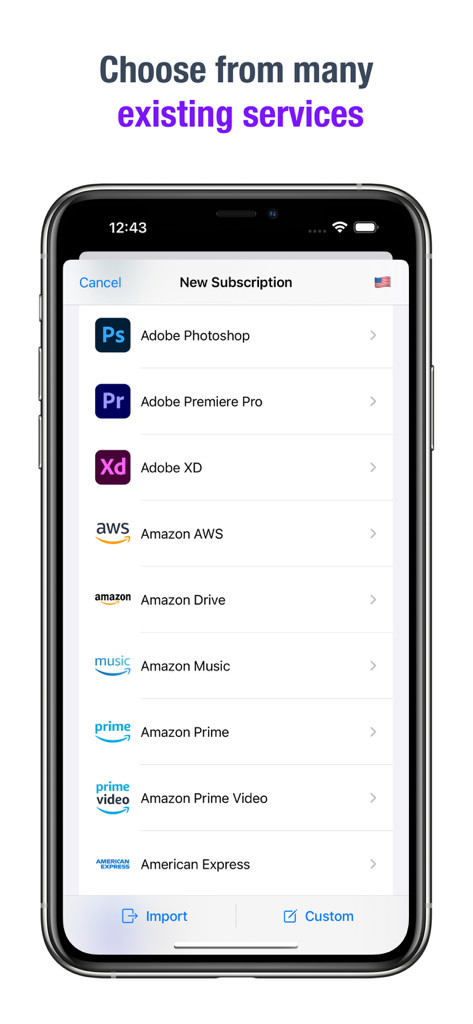 Subscriptions - Track Expenses - Mobile app screen showing a list of subscription templates including Adobe and Amazon services
