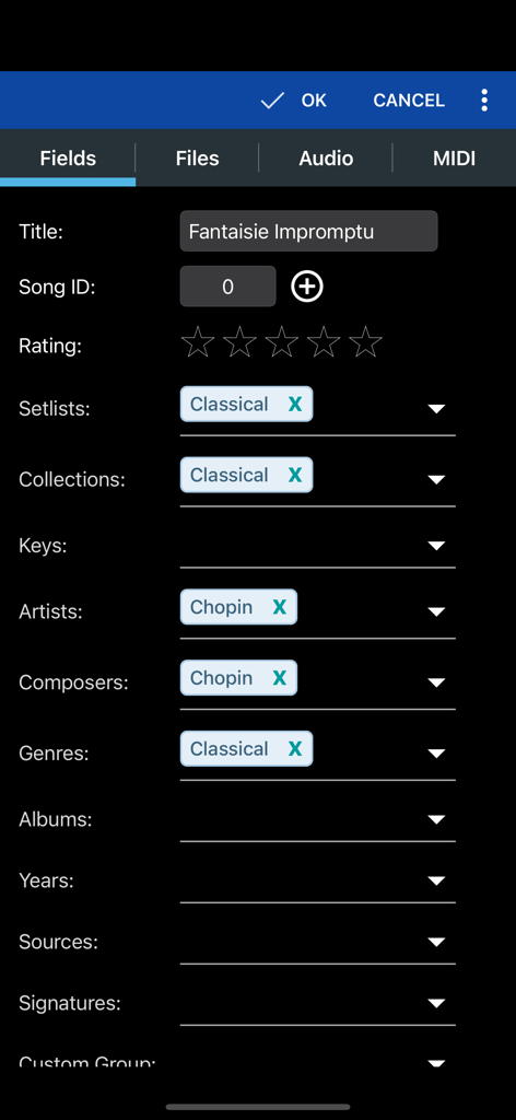 MobileSheetsLiteでタイトル、アーティスト、作曲家などの曲のメタデータを編集するためのインターフェース。