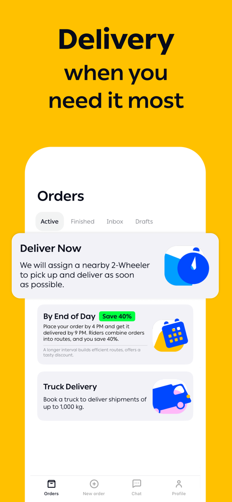 Borzo: Courier Delivery App - Interfaz de la aplicación Borzo que muestra múltiples opciones de entrega, incluida la entrega instantánea en vehículo de dos ruedas, ahorro al final del día y envíos en camiones pesados