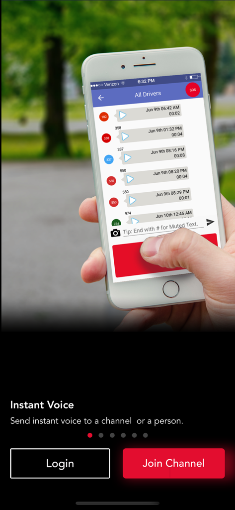 VoicePing - Smartphone displaying the VoicePing app interface with instant voice messages and a push to talk button