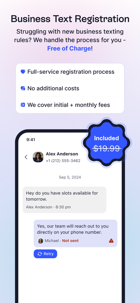 LinkedPhone—Pro Business Line - LinkedPhone business text registration feature highlighting free setup and no additional costs.